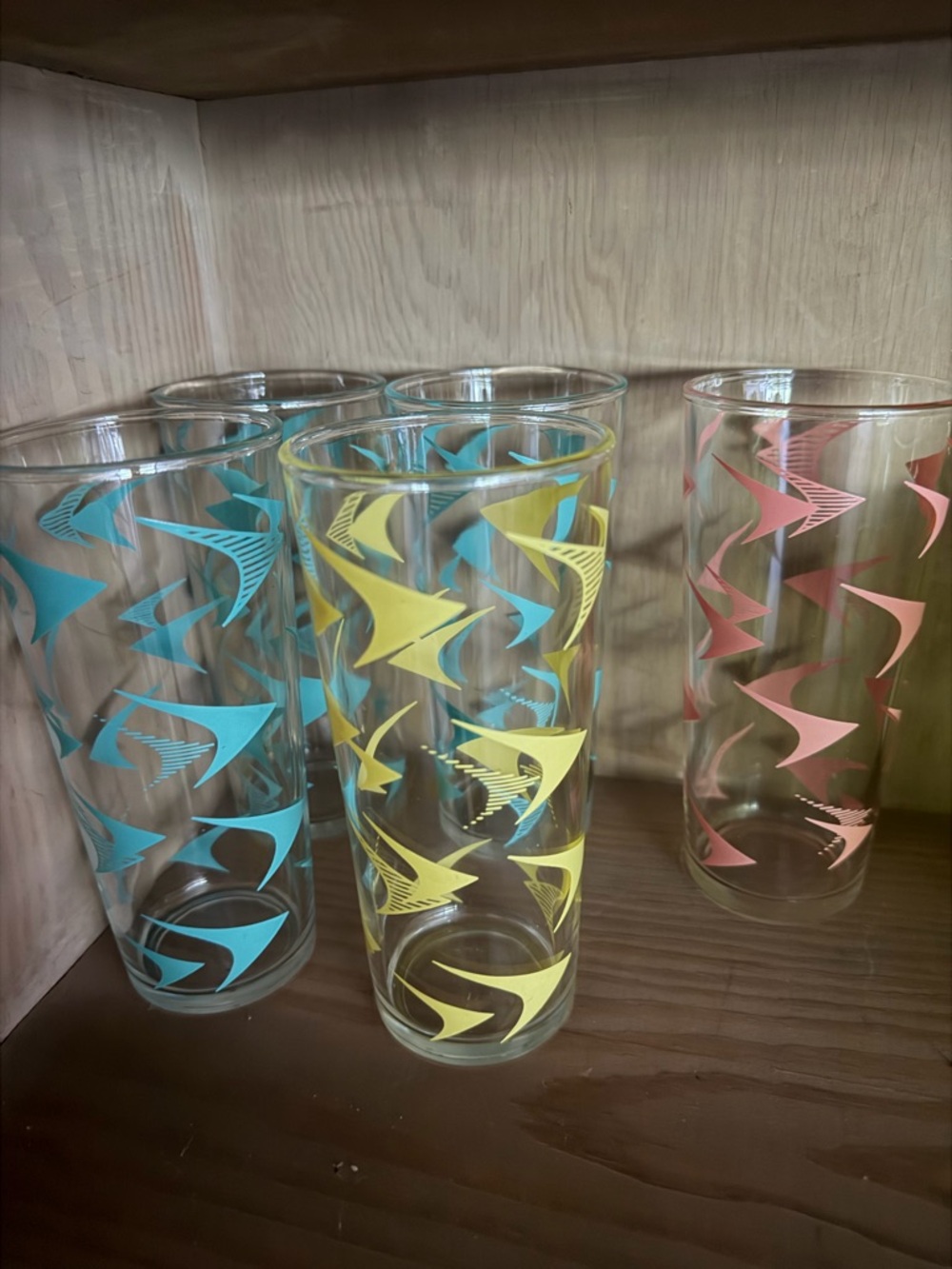 Mid-Century Retro Patterned Glass Tumbler - Blue, Yellow, Pink